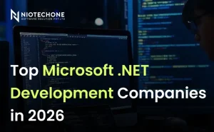 Top Microsoft .NET development companies in 2026 with developer coding on screen representing enterprise software development services.