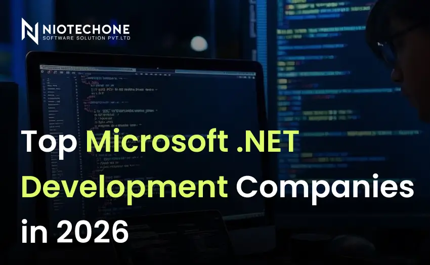 Top Microsoft .NET development companies in 2026 with developer coding on screen representing enterprise software development services.