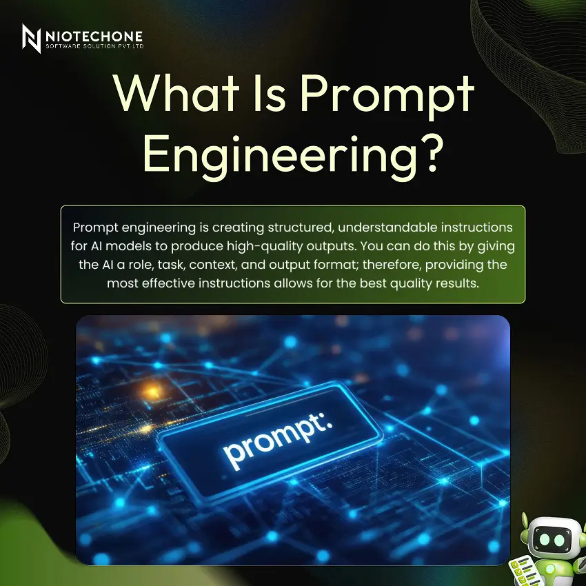 What is prompt engineering – definition and explanation by Niotechone with glowing prompt key on circuit board