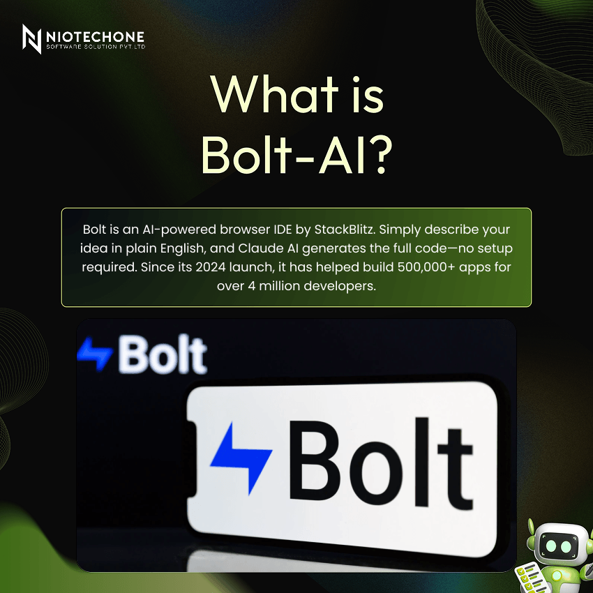 Graphic explaining Bolt AI, an AI-powered browser IDE by StackBlitz that generates full code from plain English prompts