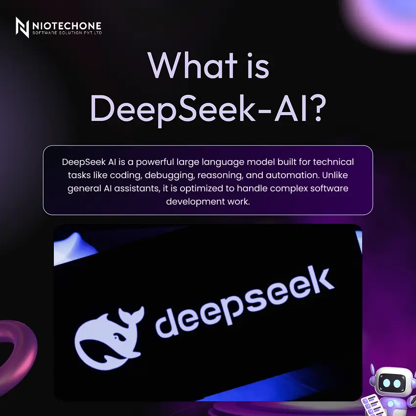 Graphic showing “What is DeepSeek AI” with description of its capabilities in coding, debugging, reasoning, and automation, along with DeepSeek logo on a tech-themed background.