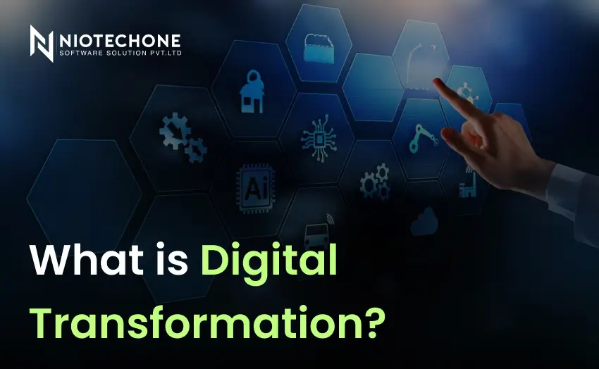 Digital transformation concept showing technology icons like AI, cloud, and security with a hand interacting on a digital interface