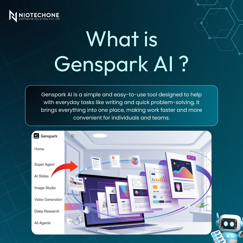 Illustration explaining what Genspark AI is, featuring its AI productivity tools, super agent capabilities, and smart automation features.