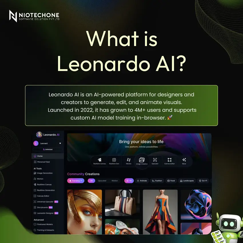 Leonardo AI platform overview showing AI design tools and creative dashboard
