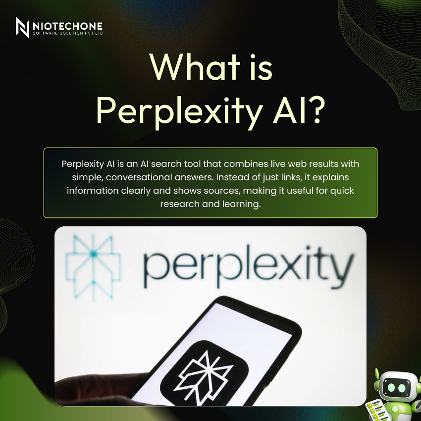 Illustration explaining Perplexity AI as an AI search tool that combines live web results with conversational answers for research and learning.