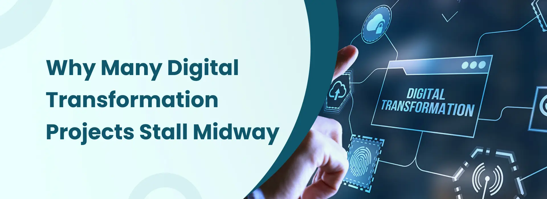Digital transformation workflow with security, cloud, and fingerprint icons illustrating challenges causing project delays
