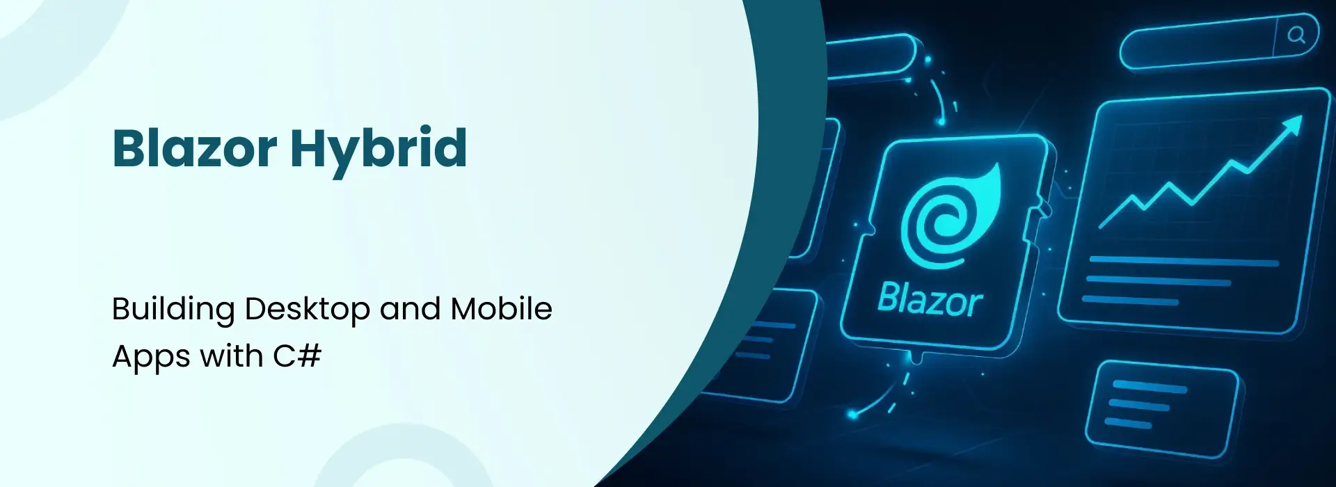 Blazor Hybrid concept showing app development for desktop and mobile using C# with modern UI components.