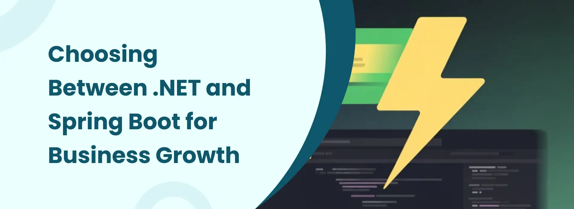 Choosing between .NET and Spring Boot illustration for business growth with coding interface and technology-themed design.