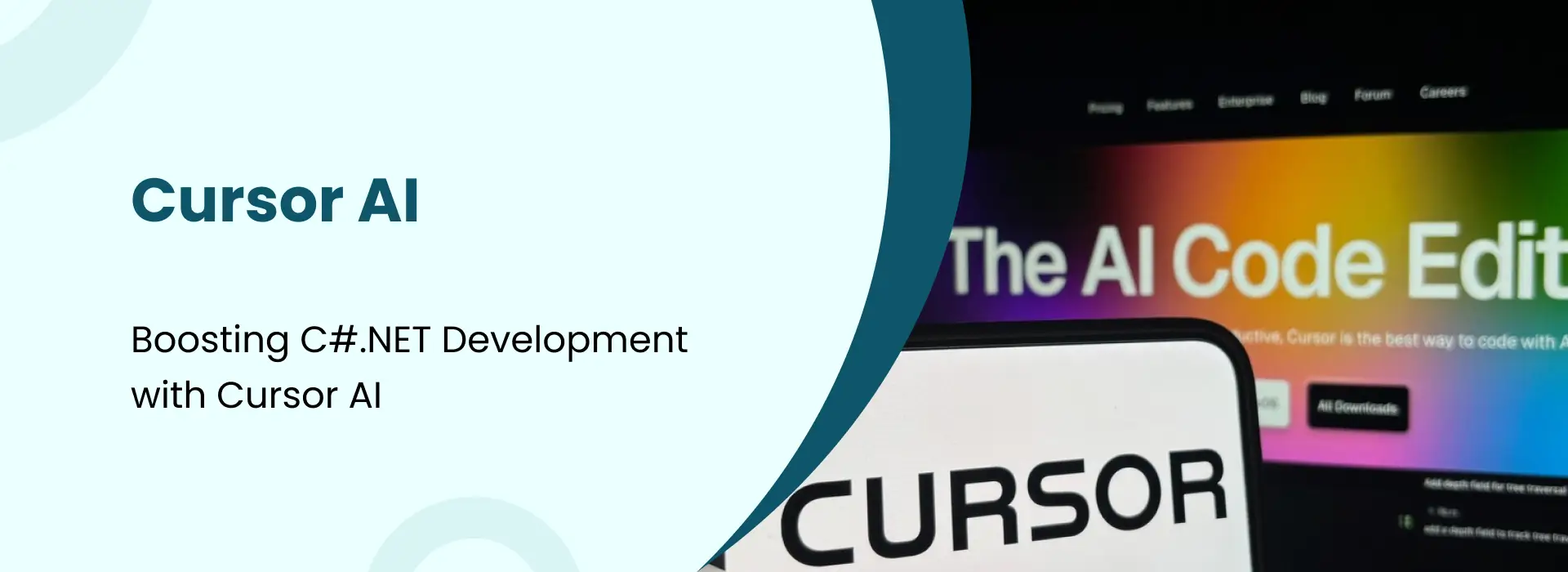 Promotional graphic for Cursor AI with text “Boosting C#.NET Development with Cursor AI” on a light blue background, alongside colorful website header screenshot featuring the Cursor logo.