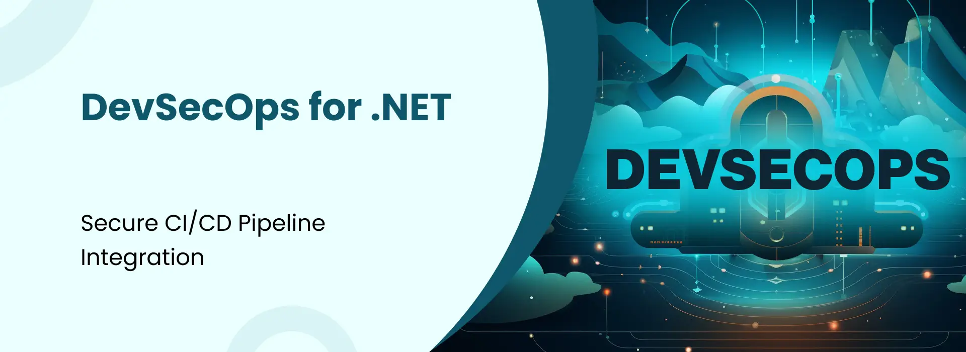 Modern DevSecOps illustration for .NET featuring secure CI/CD pipeline integration, cloud security, and cybersecurity automation graphics.
