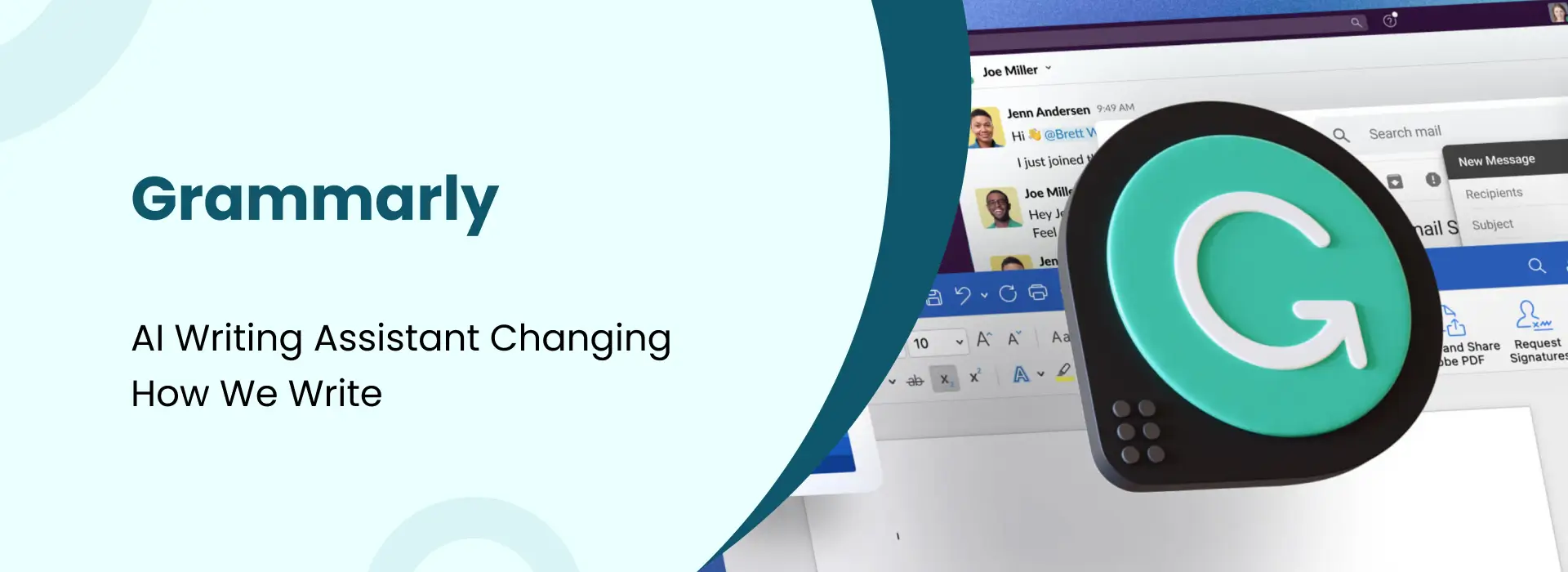 Grammarly AI writing assistant banner showing grammar correction in email and document editor