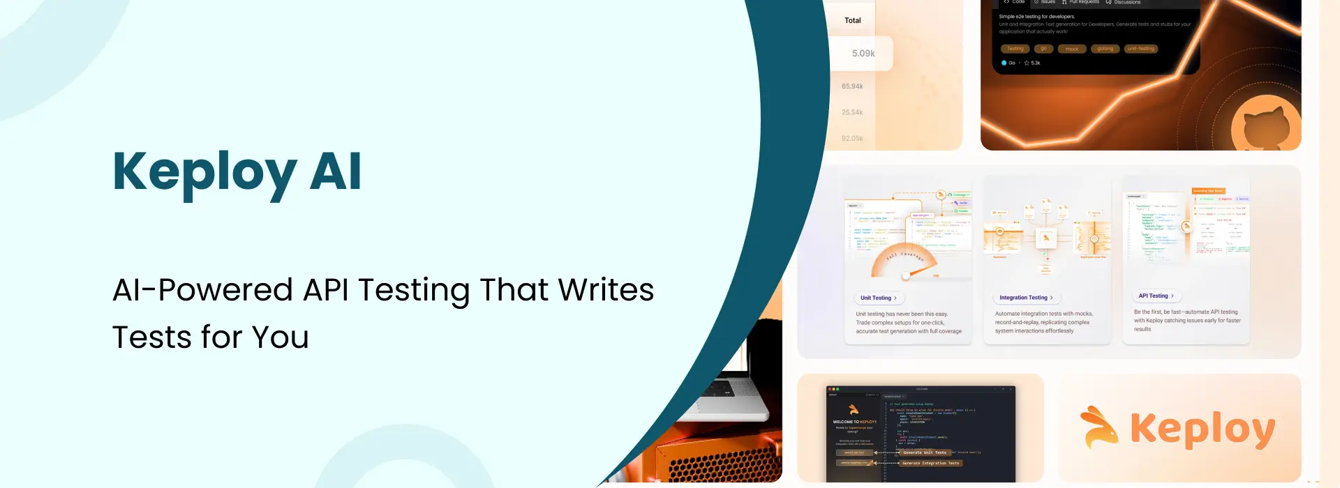 Promotional banner showcasing Keploy AI platform with tagline “AI‑Powered API Testing That Writes Tests for You” and screenshots of dashboards for unit, integration, and API testing.