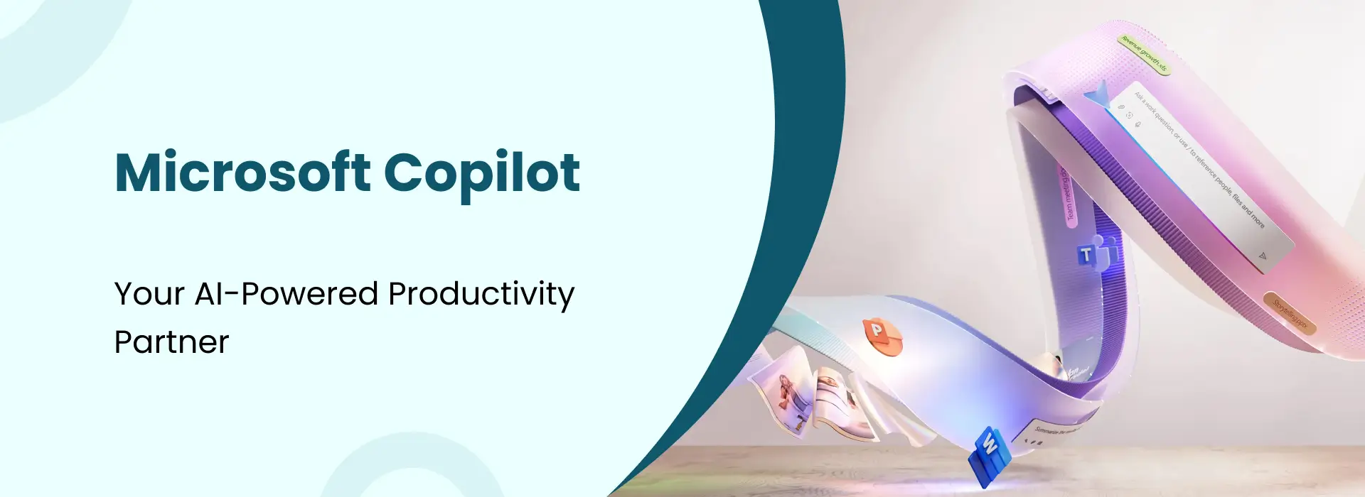 Microsoft Copilot banner showing AI-powered productivity partner with Microsoft 365 app icons