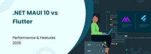 .NET MAUI 10 vs Flutter comparison banner showing performance and features in 2026