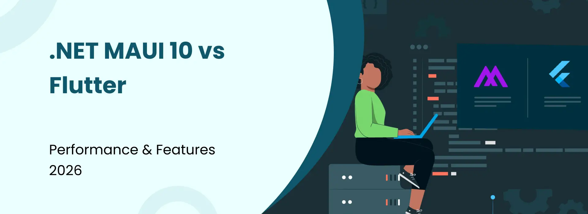 .NET MAUI 10 vs Flutter comparison banner showing performance and features in 2026