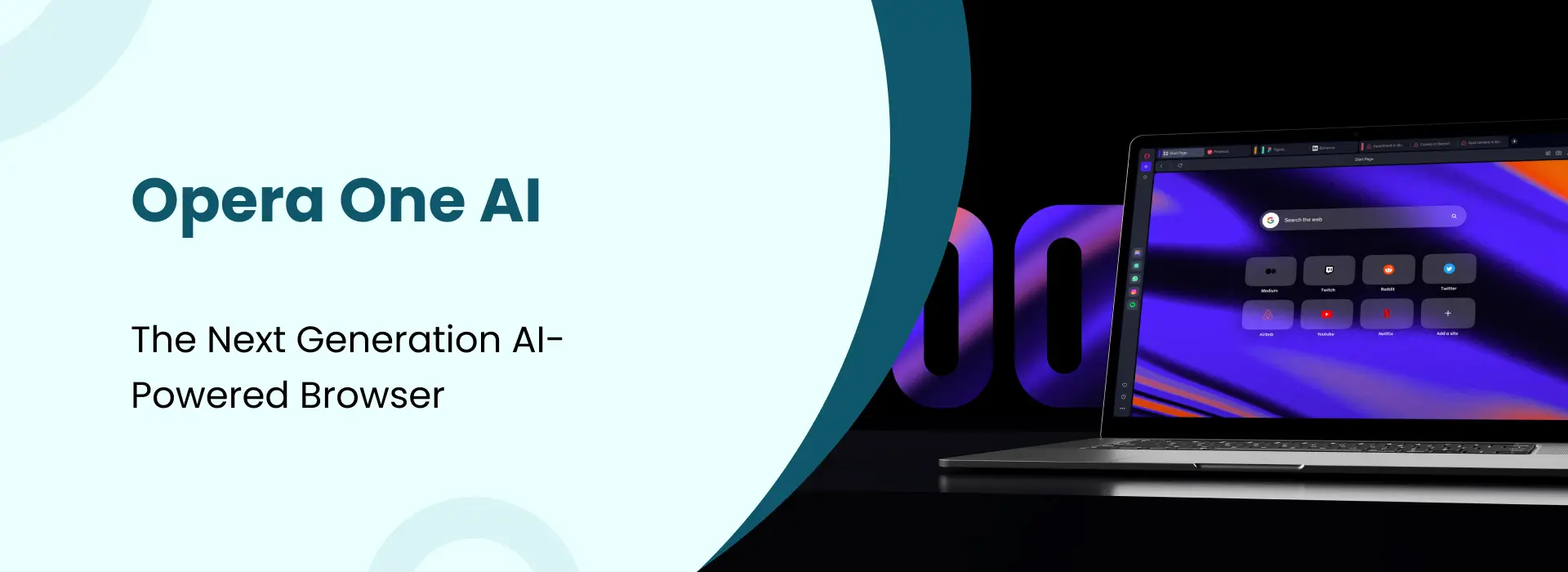 Opera One AI banner featuring a modern laptop with AI-powered browser interface and text describing it as a next-generation AI browser.