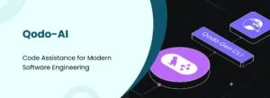 Promotional graphic for Qodo‑AI with text “Code Assistance for Modern Software Engineering,” purple and black design elements, Qodo Gen CLI block, flask icon with connected nodes, and stylized animal head logo.