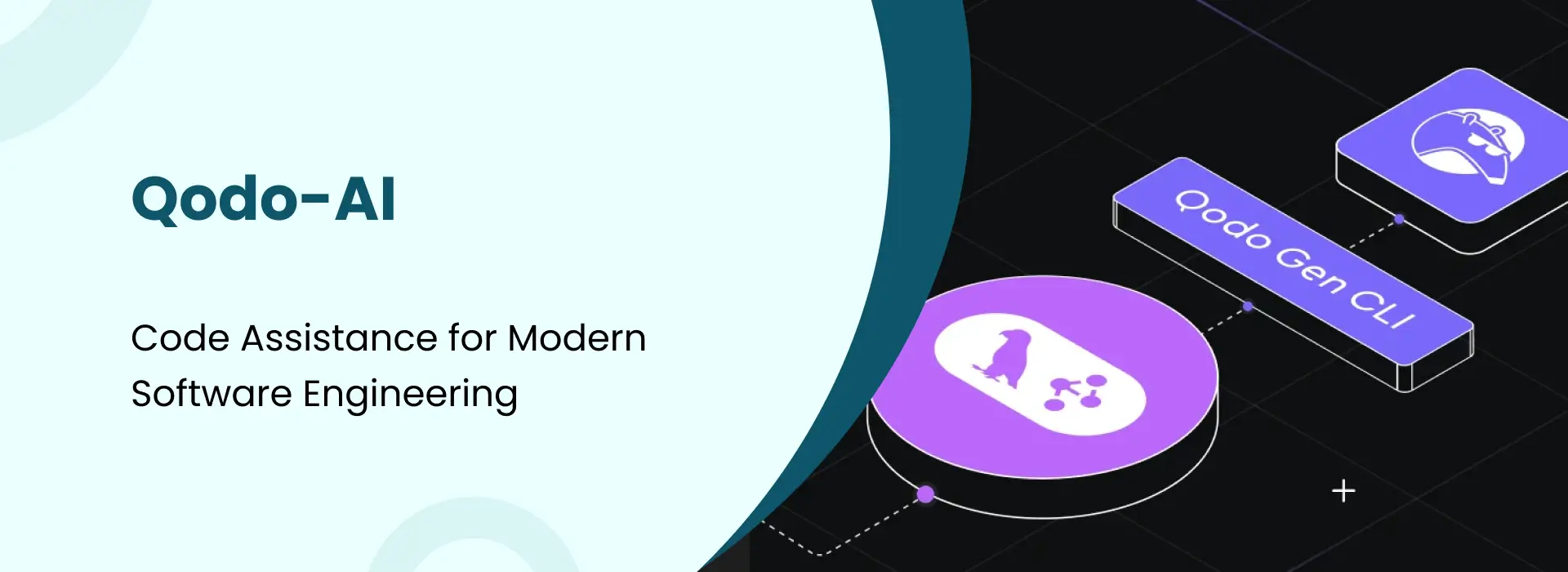 Promotional graphic for Qodo‑AI with text “Code Assistance for Modern Software Engineering,” purple and black design elements, Qodo Gen CLI block, flask icon with connected nodes, and stylized animal head logo.