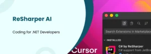 Promotional graphic for ReSharper AI with text “Coding for .NET Developers,” light blue background, stylized computer window showing C# extension, and gradient backdrop in pink, purple, and orange.