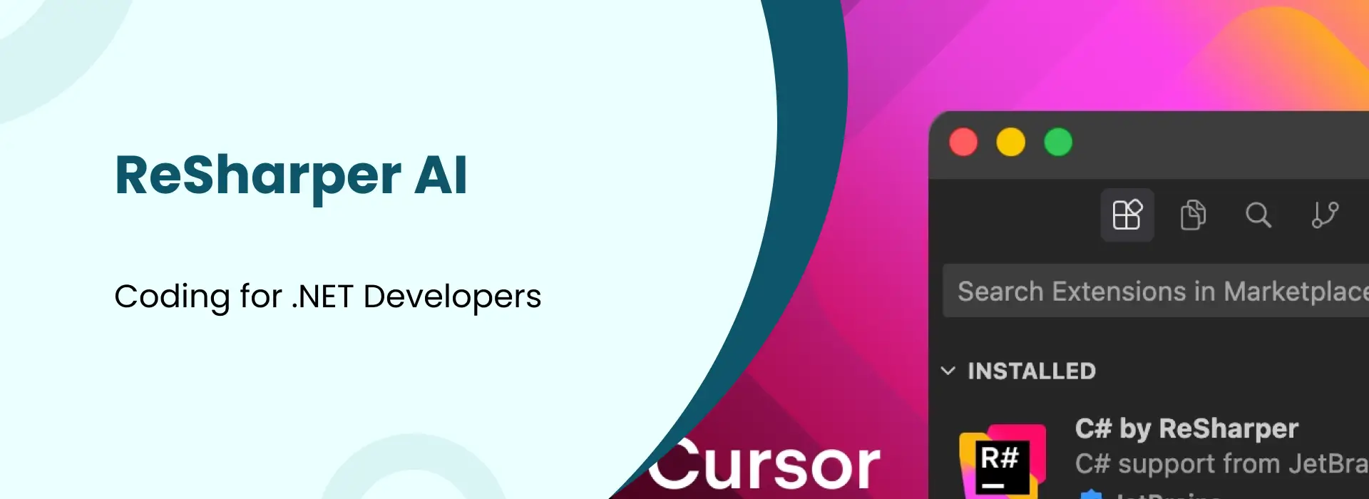 Promotional graphic for ReSharper AI with text “Coding for .NET Developers,” light blue background, stylized computer window showing C# extension, and gradient backdrop in pink, purple, and orange.