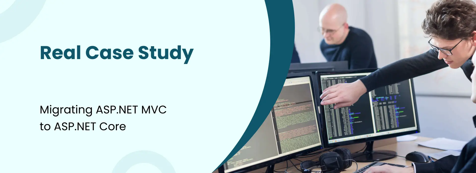 Image showing developers working on multiple screens during a real case study of migrating ASP.NET MVC to ASP.NET Core.