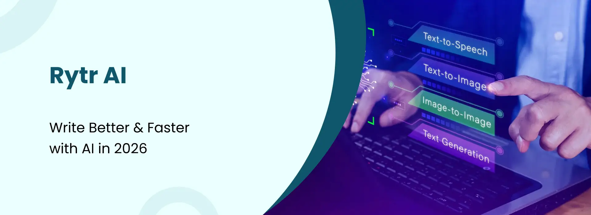 Promotional banner for Rytr AI featuring the text “Write Better & Faster with AI in 2026” alongside a futuristic AI interface showing text-to-speech, text-to-image, and AI text generation features.