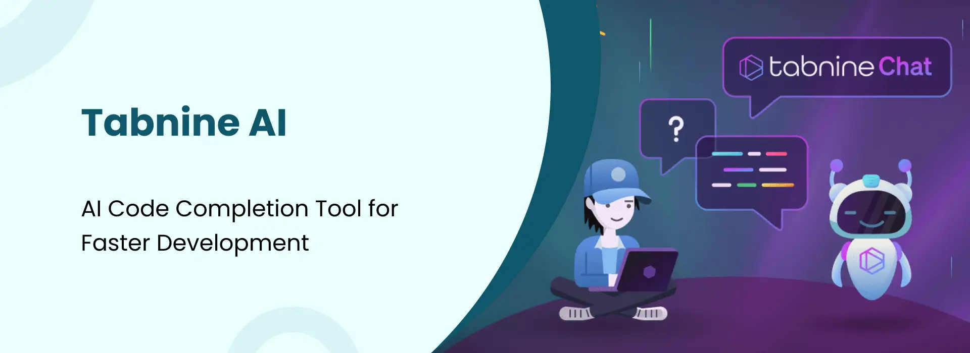 Tabnine AI banner showing a developer using AI code completion tool with Tabnine Chat