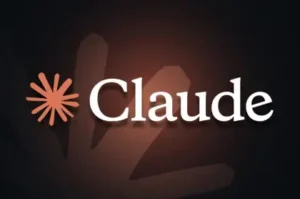 Logo of Claude AI with orange starburst symbol beside the word “Claude” in white serif font on a dark gradient background with subtle glowing abstract shapes.