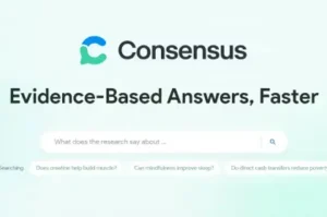 Consensus AI homepage showing evidence-based answers search interface