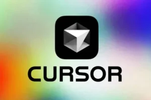 Logo of Cursor featuring a black rounded square with a 3D geometric cube design in gray and white, bold “CURSOR” text below, and vibrant gradient background.