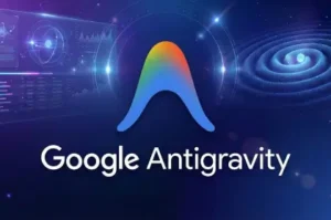Google Antigravity AI logo on futuristic dark blue background with data visualization