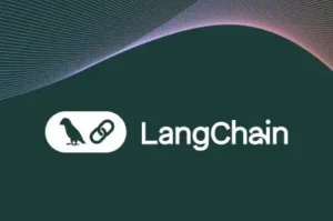 LangChain logo displayed on a dark green abstract background with flowing gradient wave patterns.