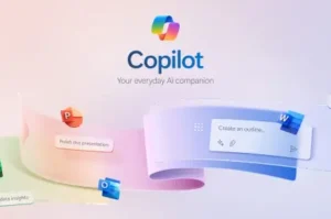Microsoft Copilot AI companion showing integration with PowerPoint, Word and Outlook apps