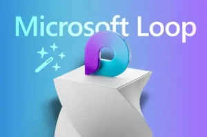 Stylized Microsoft Loop logo in blue and purple on a pedestal with sparkles, representing creativity and innovation in collaborative workspaces.