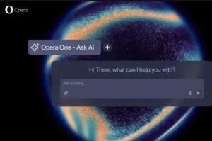 Opera One AI interface showing an AI-powered browser assistant with chat input box and futuristic glowing background design.