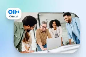 Otter.ai logo with team collaborating in a meeting room