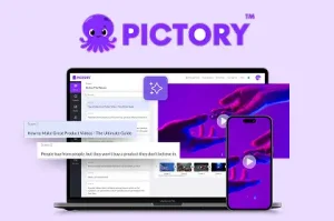 Pictory AI interface showing video creation from text on laptop and mobile device