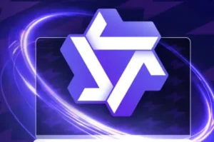 Qwen AI abstract purple logo with glowing futuristic background
