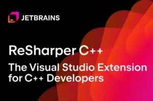 Promotional graphic for JetBrains ReSharper C++ with text “The Visual Studio Extension for C++ Developers,” JetBrains logo, and vibrant gradient background of red, orange, and pink abstract shapes.
