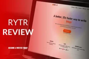 Red and white promotional image featuring the Rytr website interface with the text “RYTR REVIEW” and the slogan “A better, 10x faster way to write blogs.”