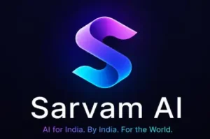 Sarvam AI logo with futuristic gradient “S” icon and tagline “AI for India. By India. For the World.” on a dark background.