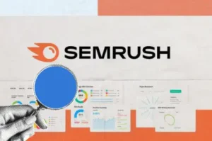 Semrush SEO dashboard preview showing analytics charts, keyword tracking tools, and competitor research interface on a digital marketing platform.