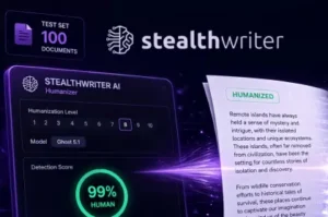 Promotional graphic for StealthWriter AI Humanizer featuring a glowing purple-blue interface with adjustable humanization settings and a document labeled “HUMANIZED” showing sample text about remote islands.