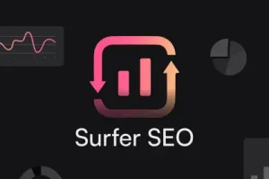 Surfer SEO logo with analytics graph icon for on-page SEO and content optimization