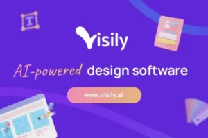 Visily AI powered design software thumbnail showing logo and website URL on purple background