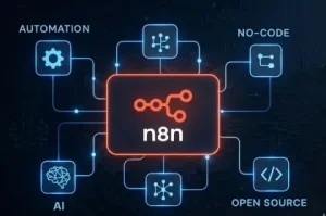 Neon-style graphic of the n8n automation platform connected to AI, no-code, automation, and open-source technology icons on a dark futuristic background.