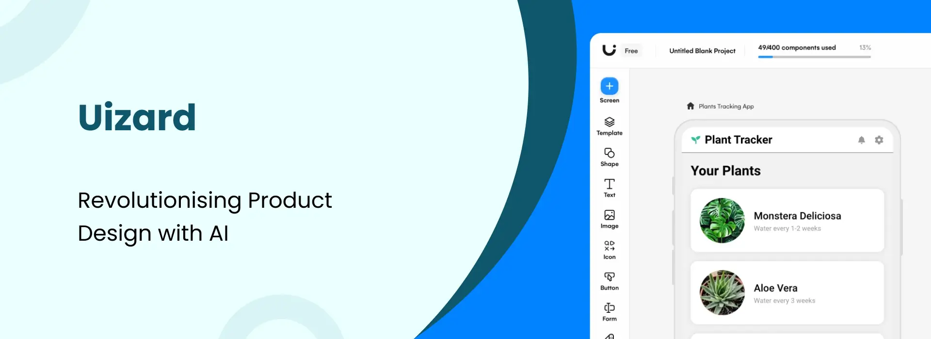 Uizard AI banner showing product design tool interface with plant tracker app prototype