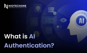 Modern AI authentication concept image featuring artificial intelligence icons, digital security visuals, and the text “What is AI Authentication?”.