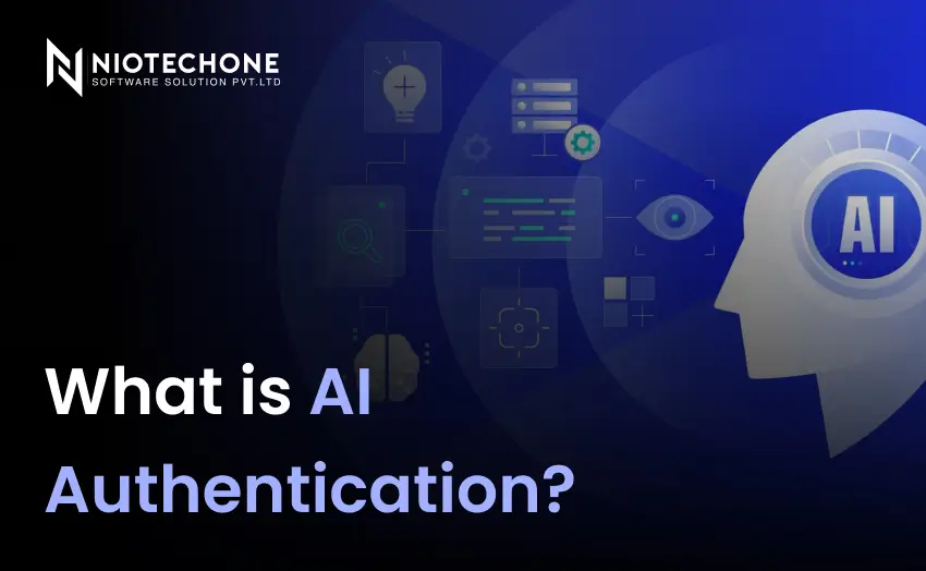 Modern AI authentication concept image featuring artificial intelligence icons, digital security visuals, and the text “What is AI Authentication?”.