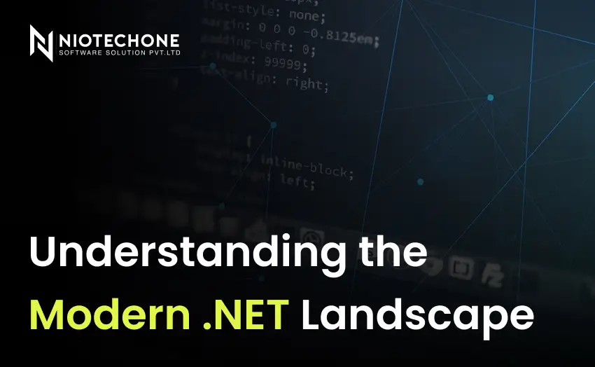 Dark-themed technology background with the text “Understanding the Modern .NET Landscape” and software development visuals.
